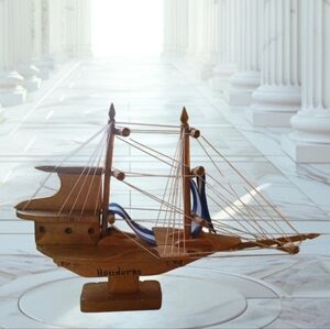 🔻LAST CHANCE🔻Hand Crafted Wooden Ship with Blue and White Sails